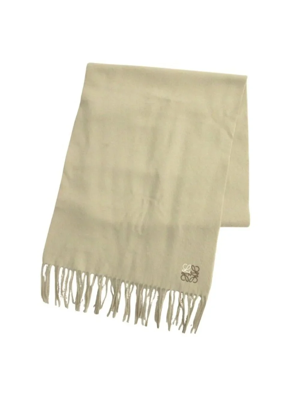 Loewe Cashmere Scarf Anagram Embroidery Logo Shawl Fringe Beige
